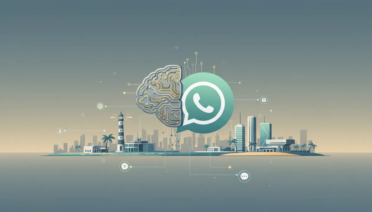 clean neutral-color illustration of an abstract AI brain made of circuitry blending into a WhatsApp logo, hovering above a stylised Chennai skyline with Marina Beach and IT parks in the background, subtle tech lines connecting icons of chats and leads