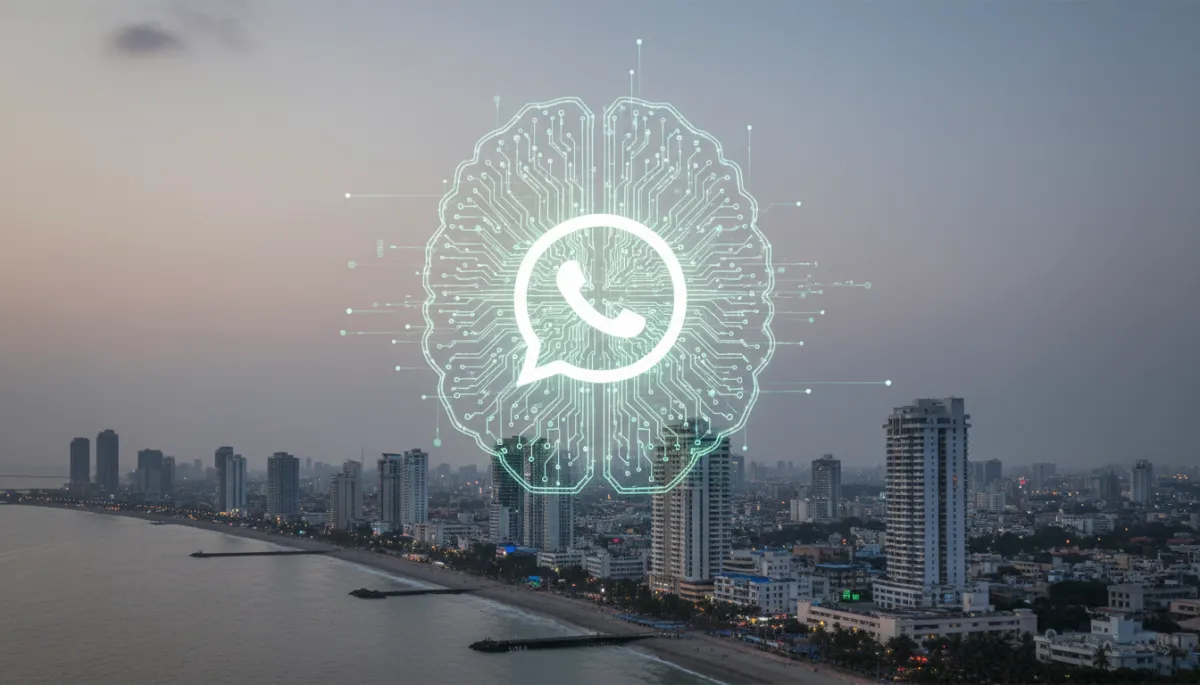 photorealistic futuristic AI brain made of light circuits seamlessly merged with a glowing WhatsApp logo, floating above a dusk-time Chennai skyline featuring Marina Beach and city buildings, neutral color palette with cool greys and soft greens