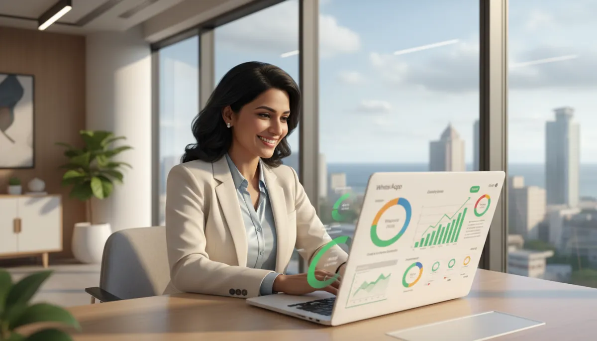 photorealistic South Indian Chennai business owner in a bright modern neutral-toned office, smiling confidently at a laptop screen showing WhatsApp automation analytics dashboards and rising graphs, subtle view of Chennai skyline through window