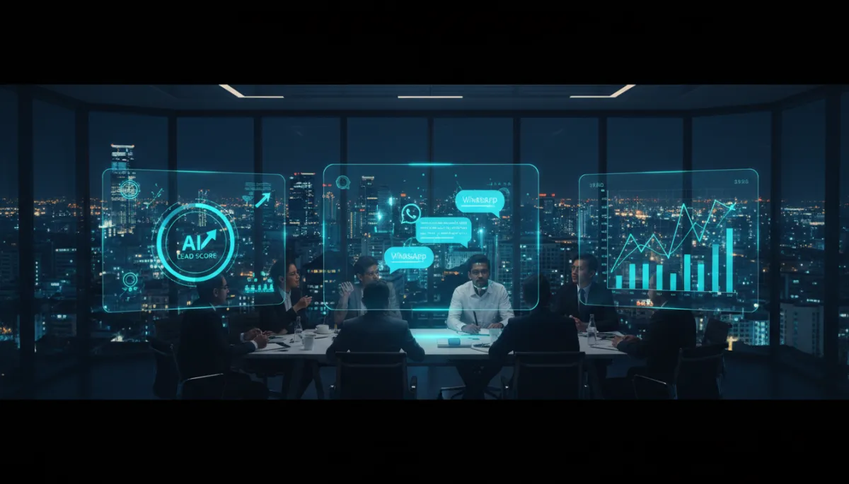 professional dark-themed tech-forward scene of Chennai business owners in a glass-walled conference room at night, overlooking the city skyline, with large holographic dashboards showing WhatsApp conversations, AI lead scores, and revenue charts glowing in blue and teal