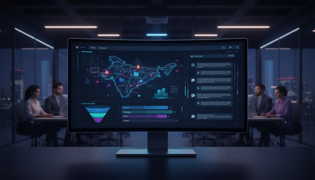 professional dark-themed tech-forward dashboard interface on large monitor showing Chennai real estate leads map, conversion funnel charts, and WhatsApp conversations list, with a real estate team working in a dimly lit modern office