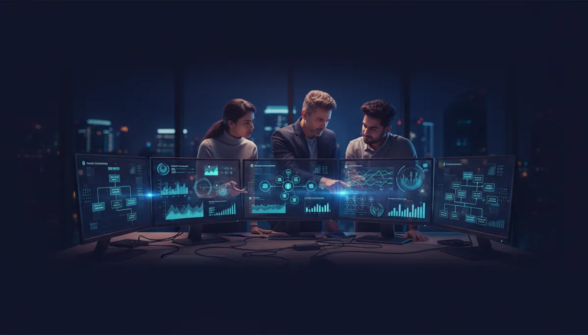 dark tech-style dashboard glowing on multiple monitors in a Chennai office at night, charts of WhatsApp conversations, lead scores, and campaign performance; a business owner and team reviewing automation workflows on screen