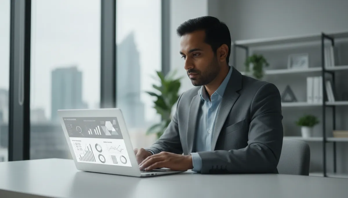 professional, clean, modern B2B scene of an Indian business owner working on a laptop in a bright contemporary office, screen showing gray #667085 and white AI-powered CRM analytics dashboard glowing softly, cinematic side lighting, subtle depth of field