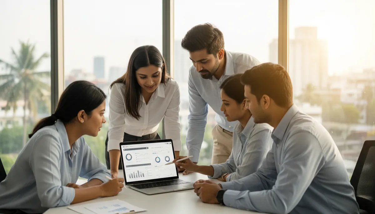 photorealistic professional, clean, modern B2B scene in gray #667085 and white tones showing a small Indian business team of 3-4 people gathered around a laptop with a clean AI CRM dashboard on screen, bright Chennai-style modern office, glass walls, warm daylight, collaborative yet focused mood