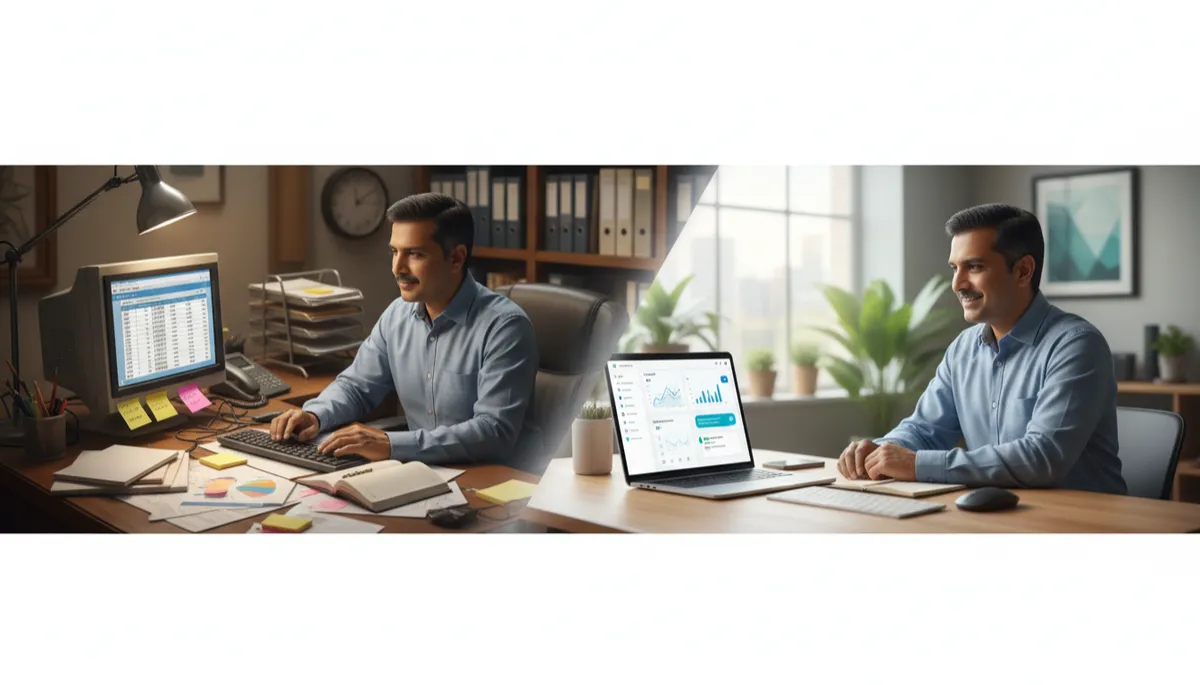 professional, clean, modern B2B split-screen scene in gray #667085 and white; left side shows an Indian business owner at a cluttered desk with sticky notes, printed spreadsheets, and a basic CRM on an old monitor; right side shows the same person at a tidy desk with a sleek AI CRM dashboard on a laptop, WhatsApp messages and automated tasks visible on screen, warm Indian office setting with natural light