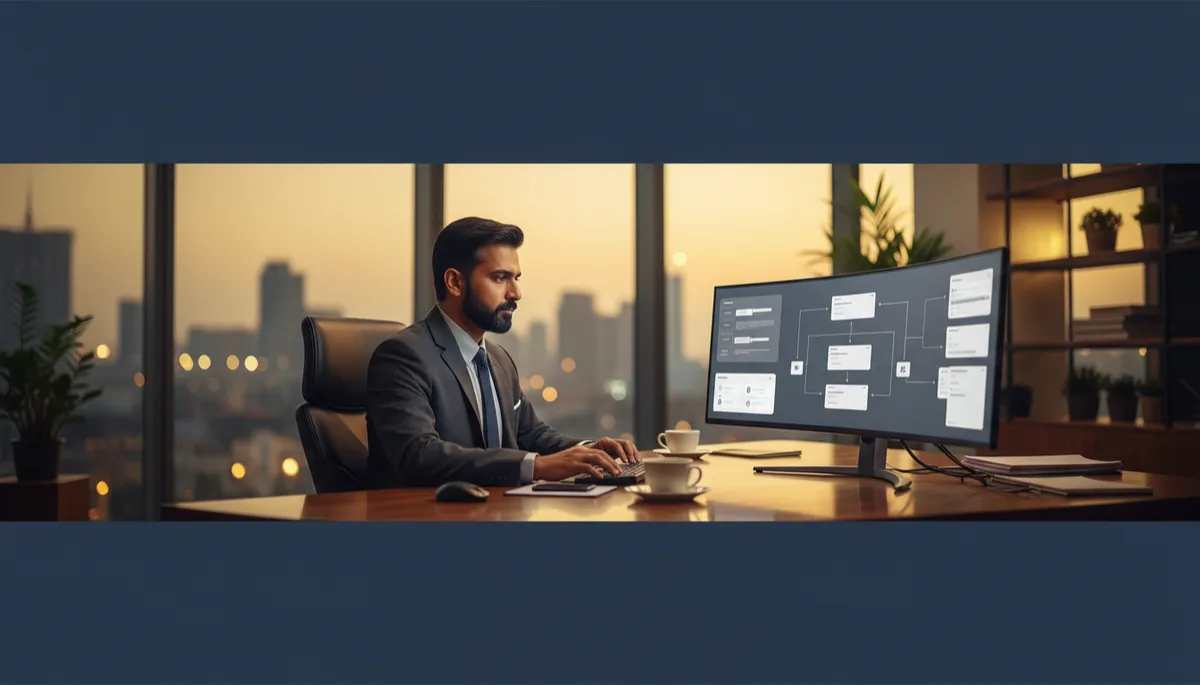 professional B2B, decision-making mood, modern Indian business office; confident Indian business owner at desk reviewing multiple AI CRM options on an ultra-wide monitor with gray and white interface cards, warm ambient lighting, subtle cityscape outside window, clean flat flow diagram elements on screen