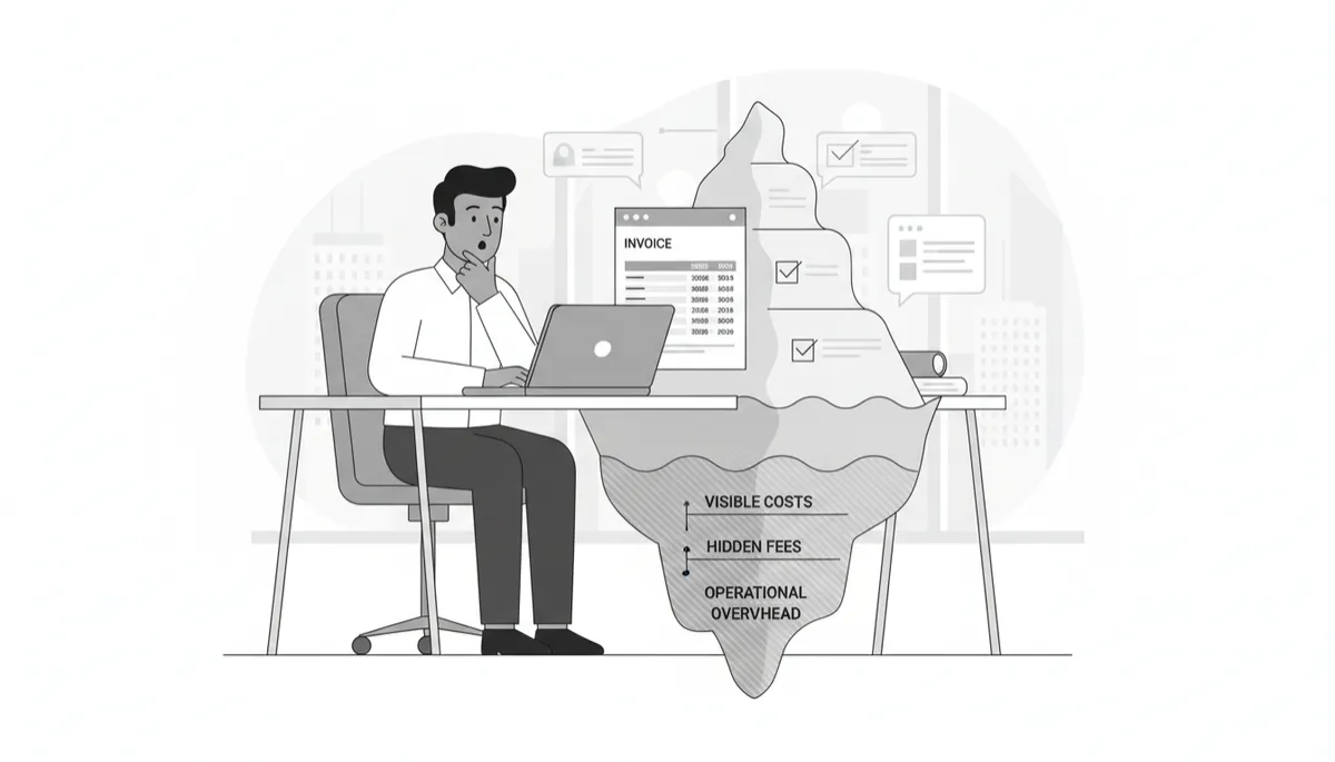 professional B2B, Indian business owner in modern office staring at a detailed CRM invoice on a laptop screen with a surprised but thoughtful expression, pricing figures visible, gray and white color palette, pricing iceberg motif subtly in background, flat diagram style consistent with professional B2B, Indian business owner, pricing iceberg concept, flat diagram