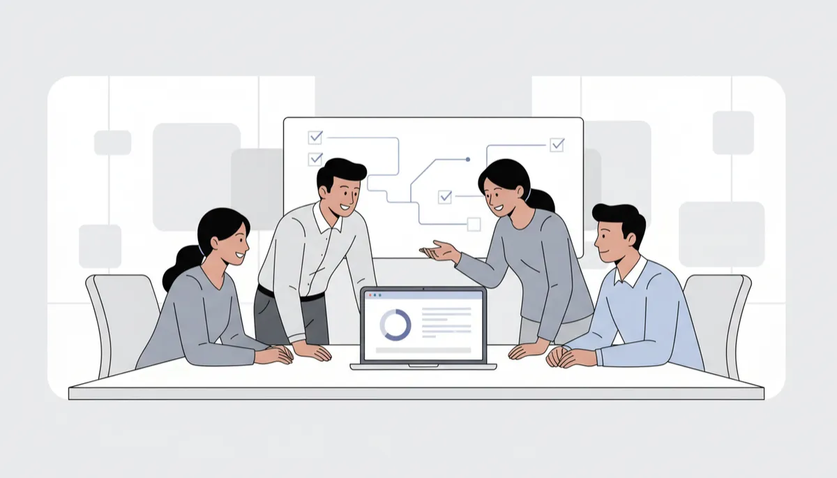 professional B2B, collaborative team planning mood, flat minimal design in gray and white tones; a confident Indian business team of 4-5 people gathered around a table with a laptop showing a CRM dashboard, everyone engaged in discussion and pointing at charts, clean modern office background]
