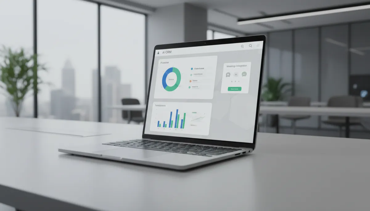 Sleek AI CRM dashboard on a laptop in a modern Indian business office, colorful pipeline charts and WhatsApp integration panel visible, modern minimal design in gray and white tones
