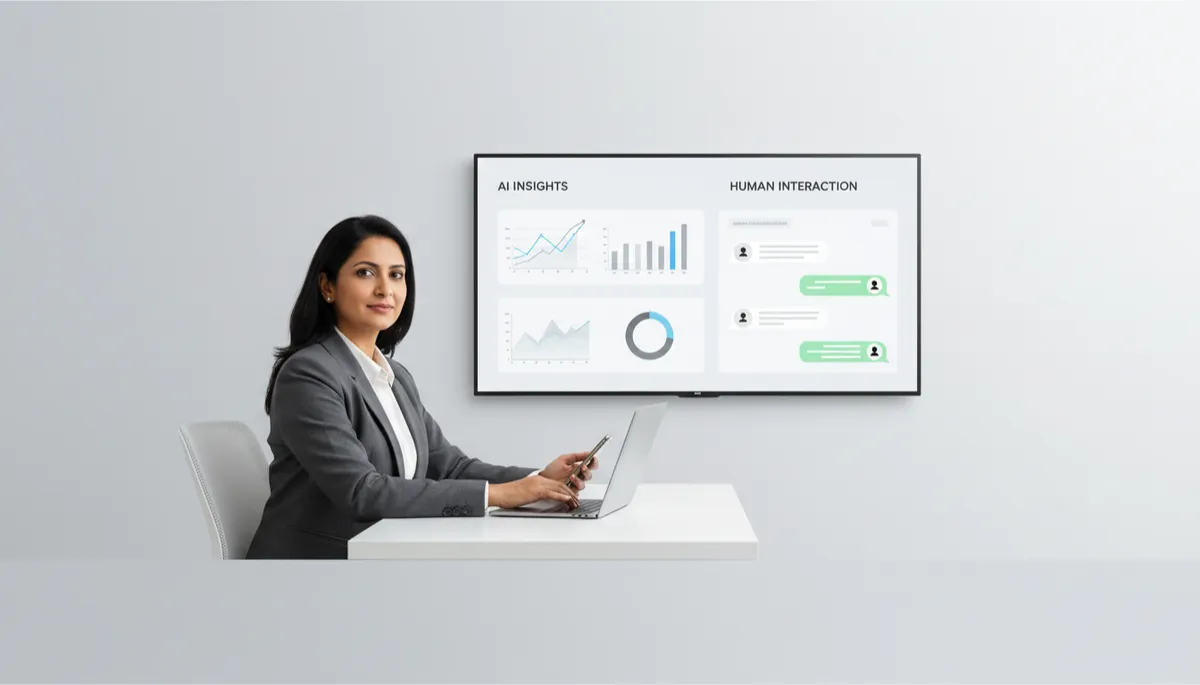 professional B2B, empowered Indian business professional in a modern Chennai-style office, seated at a laptop with one hand on a smartphone, calm and confident expression, AI CRM dashboard with charts and WhatsApp conversations visible on a large screen in the background, flat minimal design in gray and white brand tones