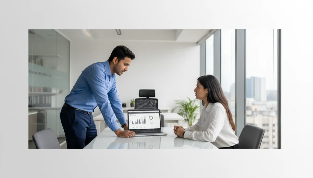 photorealistic professional B2B scene inside a modern Chennai office at Rayala Towers, founder in formal shirt explaining growth strategy to a small business owner across a glass table, laptop open with CRM dashboard, muted gray #667085 and white brand tones, founder-led brand story visual, clean editorial style with a modern Indian business office backdrop