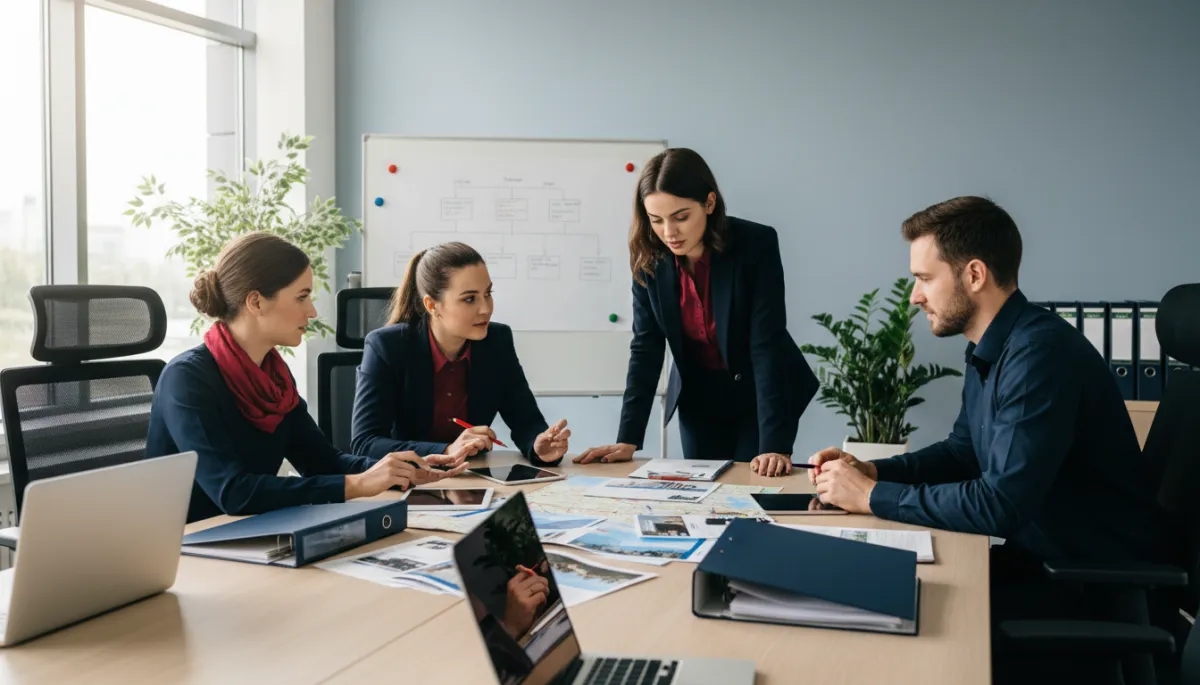 Equipo de profesionales del turismo trabajando en la estrategia de su negocio