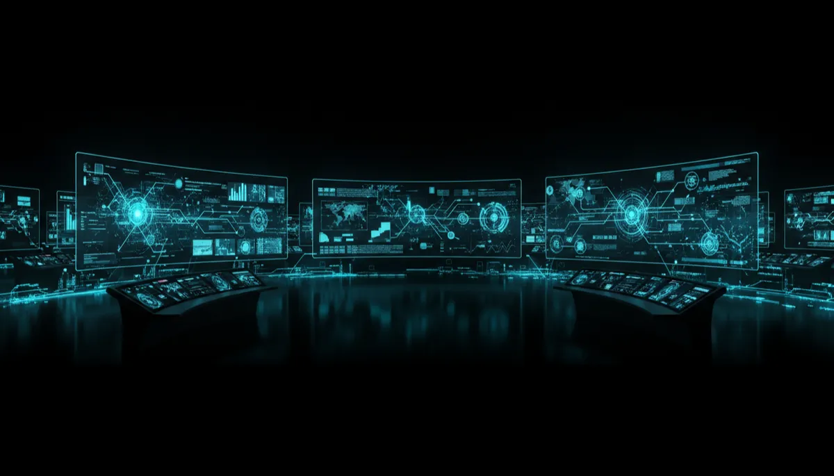 Entorno de trabajo digital oscuro con paneles de control y flujos de datos gestionados por agentes de IA