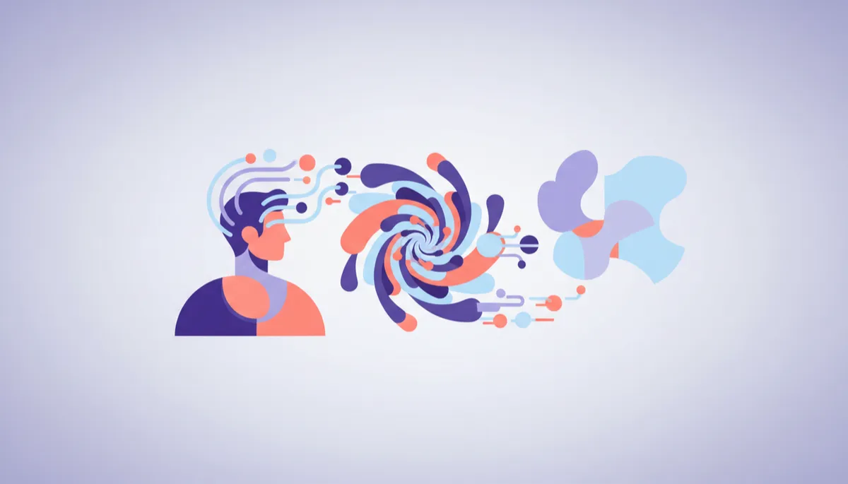 Ilustración de una persona conectando ideas con un asistente digital