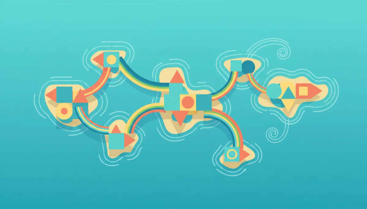 Ilustración de varias islas unidas por puentes de colores sobre el mar