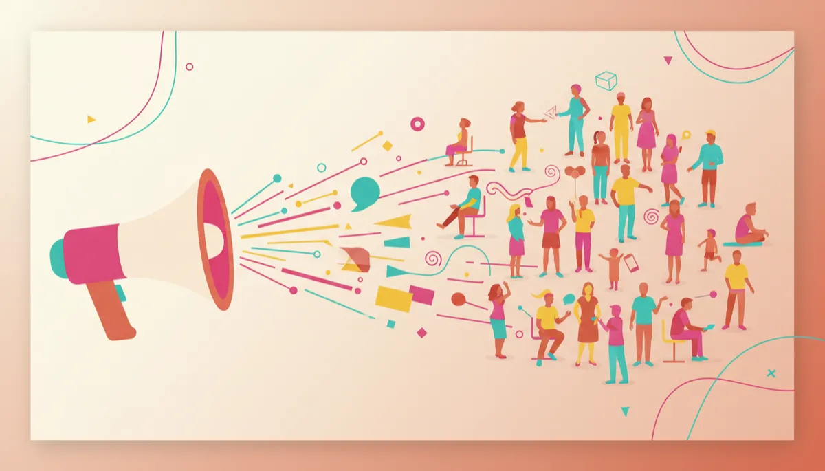 Ilustración plana de un megáfono conectado con varias personas