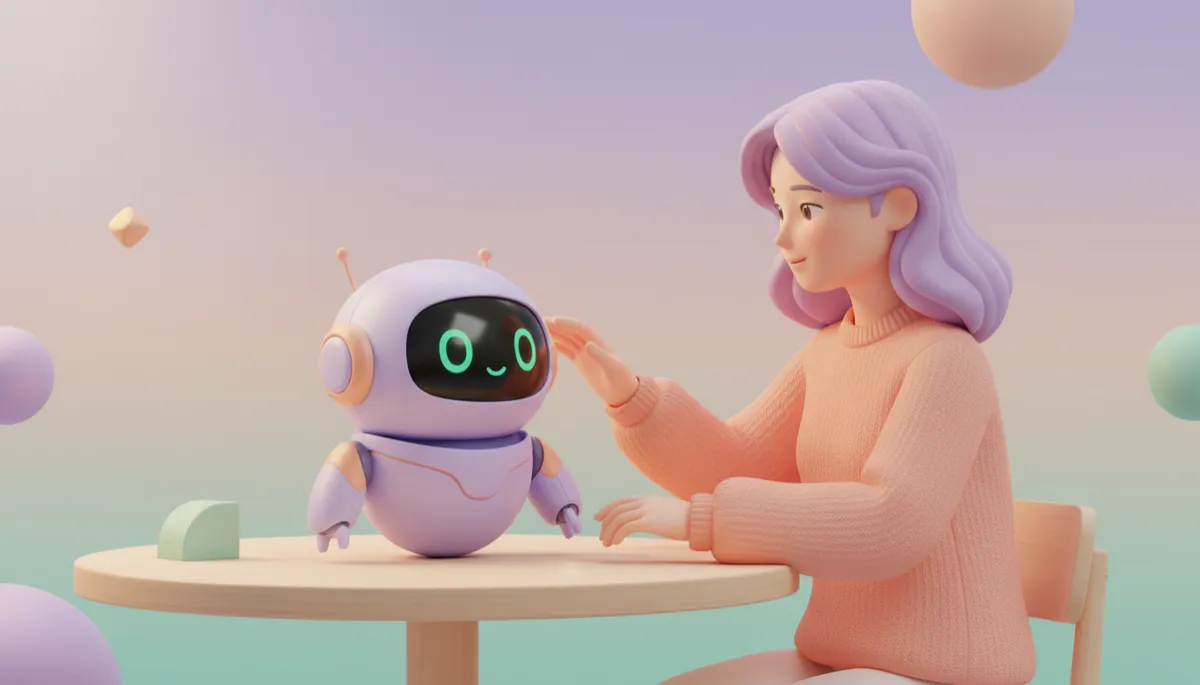 Ilustración 3D suave y amigable de un pequeño robot asistente de formas redondeadas sentado junto a una persona en una mesa, en tonos lavanda, melocotón y menta, horizontal 16:9, sin texto, letra, número ni logotipo