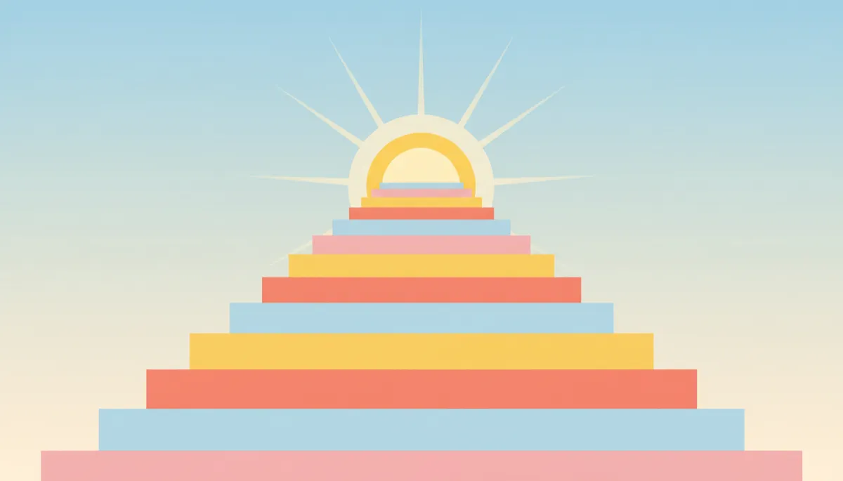 Ilustración de una escalera de colores que asciende hacia un sol en el horizonte