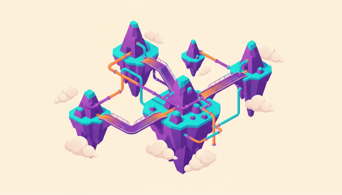Ilustración isométrica de islas flotantes conectadas por puentes y tuberías de colores
