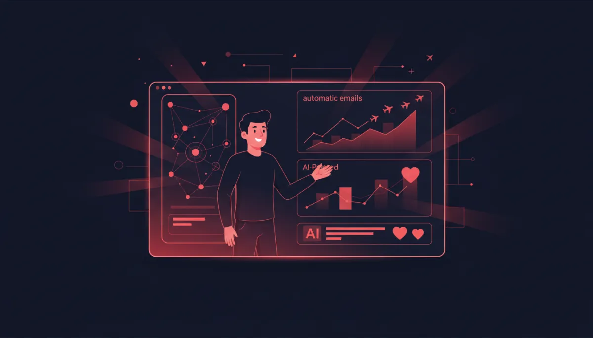 ilustración en estilo moderno de un agente de viajes frente a una pantalla con panel de IA, gráficos de correos automáticos, corazones y aviones, todo sobre fondo oscuro azul marino #001424 con acentos en rojo #d51323