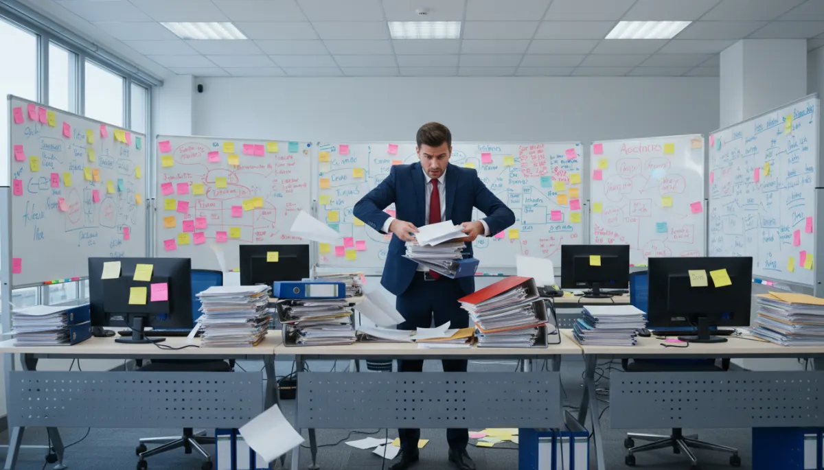 oficina fotorrealista de agencia de viajes caótica, escritorios llenos de papeles, post-its de colores pegados en paredes y monitores, pizarras blancas saturadas de notas y fechas, un empresario de turismo con traje azul marino #001424 y corbata roja #d51323 con gesto de estrés intentando organizar carpetas y documentos, ambiente de desorden y prisa, iluminación de oficina moderna sin texto superpuesto