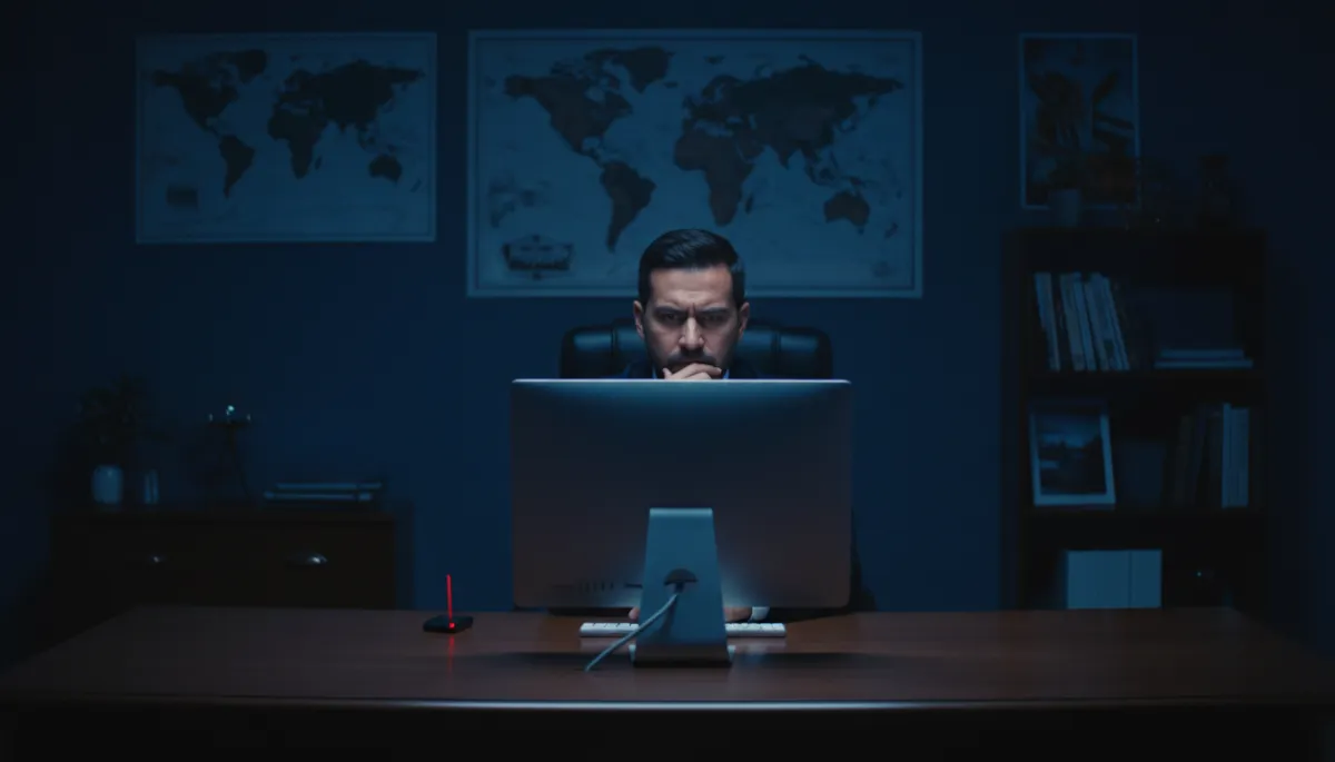 escena fotorrealista de un empresario de turismo hispanoamericano sentado solo de noche en su escritorio, iluminado únicamente por la luz azulada de la pantalla del ordenador, oficina de agencia de viajes al fondo en penumbra con mapas y pósters apenas visibles, ambiente en tonos de azul marino oscuro #001424 con un punto de luz roja #d51323 reflejado en la mesa, gesto de profunda reflexión y decisión, sin texto