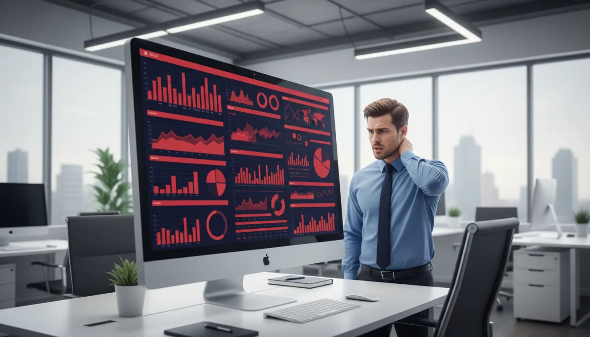 escena fotorrealista de una oficina profesional de agencia de viajes, pantalla de ordenador grande mostrando un dashboard de gestión lleno de gráficos, tablas y datos en colores rojo #d51323 y azul marino #001424, un agente de viajes de aspecto profesional mira la pantalla con gesto confundido y algo frustrado, iluminación de oficina moderna, sin texto en la pantalla