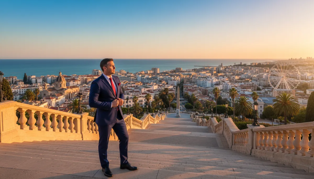 escena fotorrealista de un empresario de turismo de pie en lo alto de una escalera mirando el horizonte desde una perspectiva elevada, ciudad turística al fondo con edificios, mar y algunos monumentos reconocibles, cielo despejado al atardecer, el empresario viste traje en tonos azul marino #001424 con detalles en rojo #d51323, postura firme de liderazgo y visión, encuadre horizontal, estilo fotográfico profesional sin texto