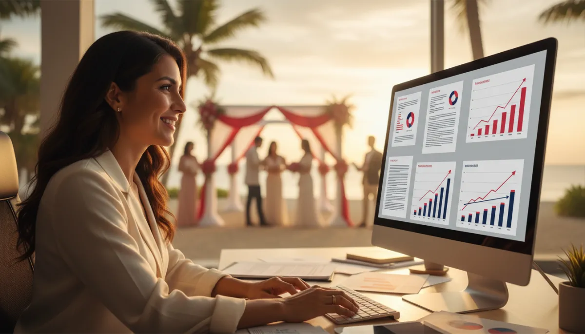 fotorrealista, empresaria de turismo hispana sonriente en oficina moderna, revisando documentos de éxito y gráficos de facturación creciente en pantalla de computadora, al fondo borroso una boda elegante en playa tropical al atardecer, decoración en colores rojo #d51323 y azul marino #001424, iluminación cálida, sin texto