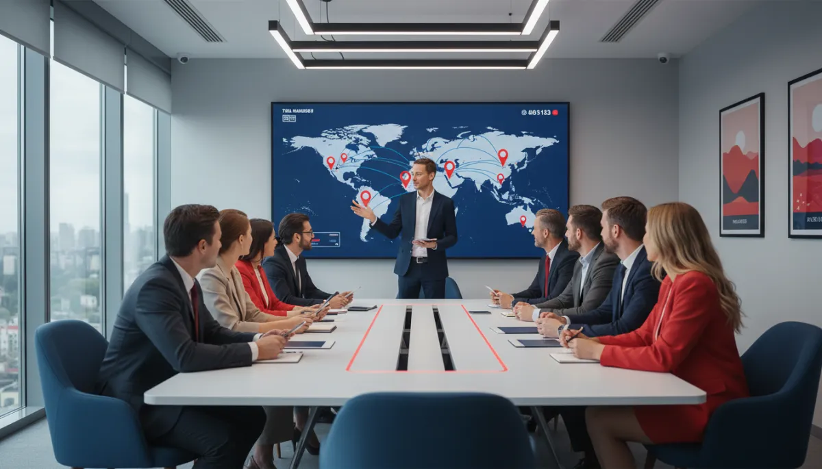 reunión fotorrealista de equipo en agencia de viajes moderna, líder de pie junto a pantalla con mapas y destinos, equipo mixto y diverso sentado alrededor de mesa colaborando activamente, ambiente profesional y energético, iluminación clara, detalles en rojo #d51323 y azul marino #001424 en mobiliario y ropa, sin texto