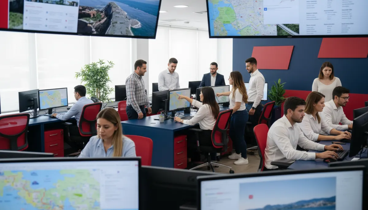 oficina fotorrealista de agencia de viajes moderna en Hispanoamérica, equipo diverso trabajando de forma eficiente y coordinada frente a computadoras, ambiente luminoso, colores corporativos rojo #d51323 y azul marino #001424 en detalles de mobiliario y decoración, sin jefe visible en la escena, todos concentrados y colaborando