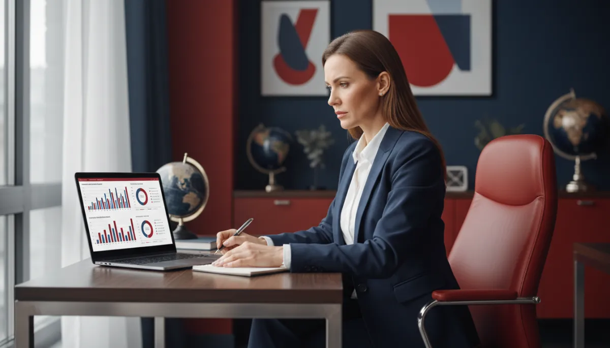 escena fotorrealista de empresaria del sector turístico de unos 40 años, profesional y elegante, frente a un ordenador portátil en una moderna oficina de agencia de viajes; en la pantalla se ven gráficos de rentabilidad y análisis de márgenes; expresión seria y concentrada, tomando decisiones estratégicas; luz natural entrando por una ventana lateral; detalles decorativos en rojo oscuro y azul marino en la oficina, sin texto ni logos