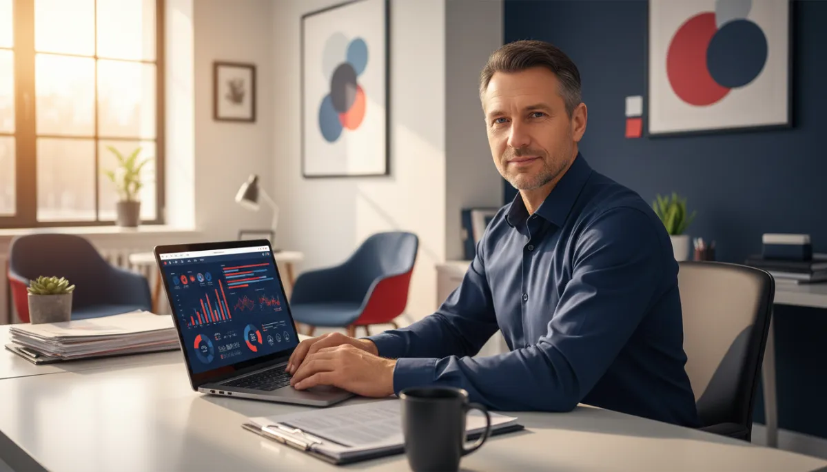 Escena fotorrealista 16:9 de un empresario turístico de unos 45 años, con camisa sin corbata y aspecto profesional, sentado frente a un portátil en una oficina moderna de agencia de viajes. En la pantalla se ve un dashboard con gráficas y datos, sin texto legible. Expresión concentrada y segura. Sobre la mesa, documentos ordenados y una taza de café. Iluminación cálida con luz natural entrando por una ventana lateral. Detalles decorativos con acentos en navy blue #00061d y rojo #d81f31, estilo editorial profesional, sin logotipos ni marcas de agua.