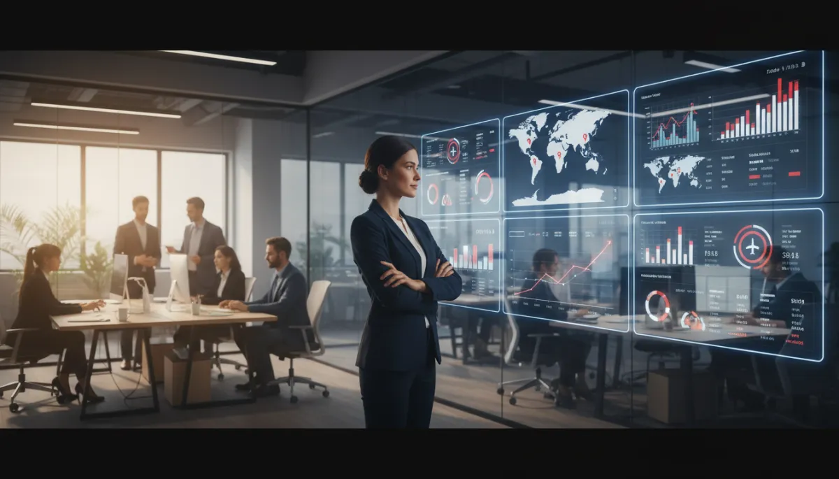 imagen fotorrealista 16:9 de un empresario o empresaria del sector turístico en una agencia moderna, de pie frente a varias pantallas con dashboards de datos, mapas de destinos y gráficos de clientes; actitud estratégica y segura; equipo trabajando al fondo; luz cálida y natural; acentos de color en azul marino oscuro y rojo