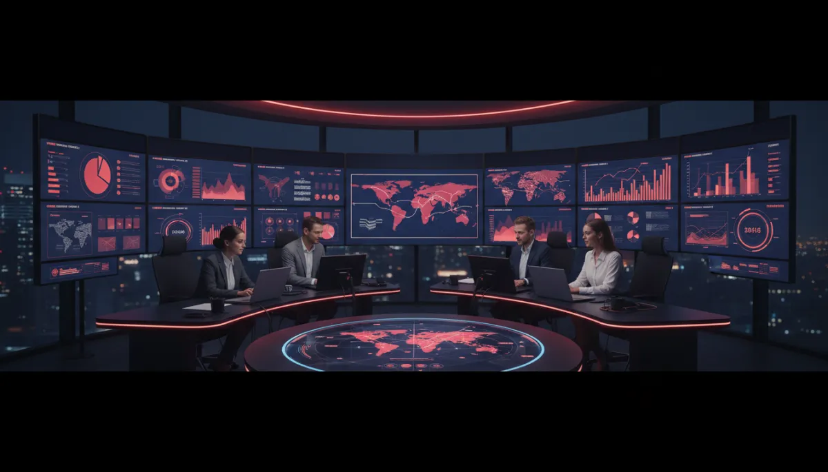 Oficina fotorrealista de agencia de viajes moderna, con un pequeño equipo de empresarios analizando datos de clientes en varias pantallas grandes, gráficos y paneles de control visibles, ambiente profesional y cálido, con acentos de color negro #00061d, rojo #d81f31 y azul #2b2e4d, sin texto ni logotipos, ratio 16:9