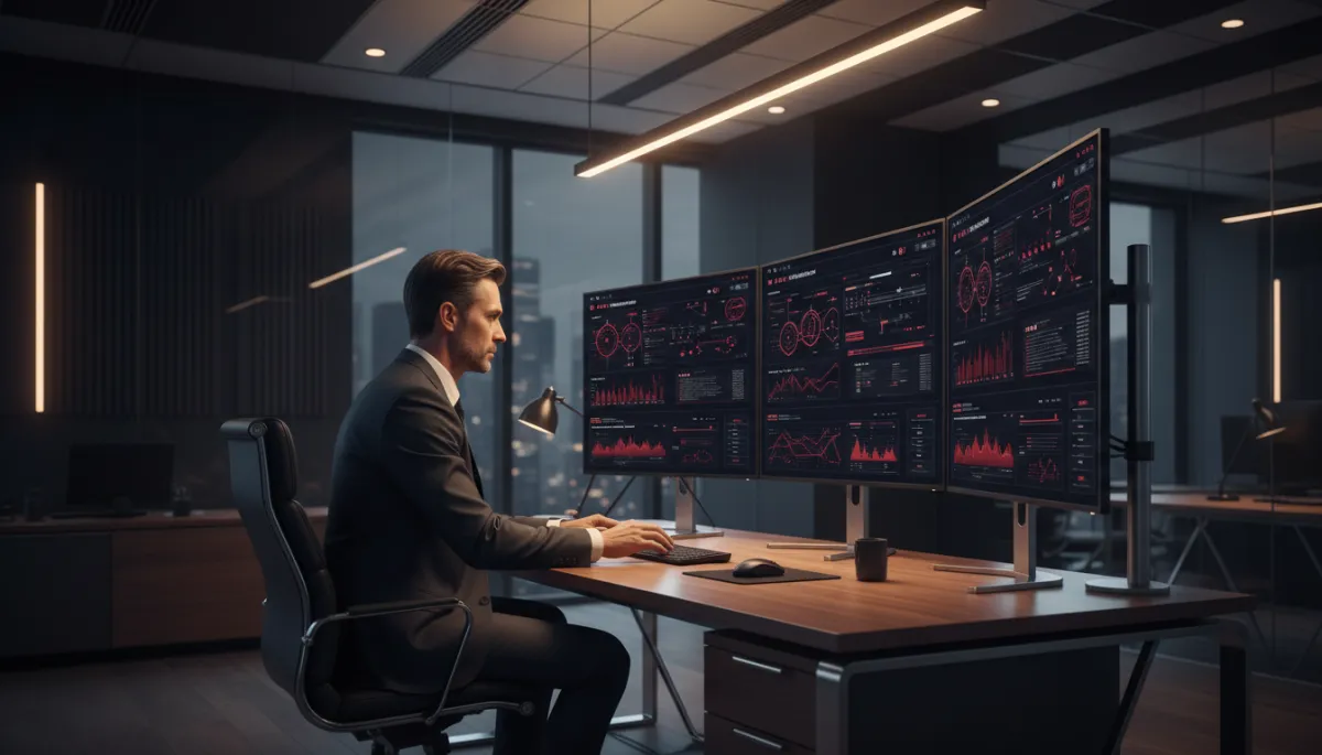Escena interior fotorrealista de una agencia de viajes moderna; un empresario de 35-50 años, con aspecto profesional, revisa varias pantallas con dashboards de gestión, flujos de trabajo automatizados y datos de clientes; luz de oficina cálida y profesional; composición limpia y ejecutiva; acentos de color negro profundo #00061d, rojo #d81f31 y azul oscuro #2b2e4d; sin texto ni logotipos ni elementos futuristas