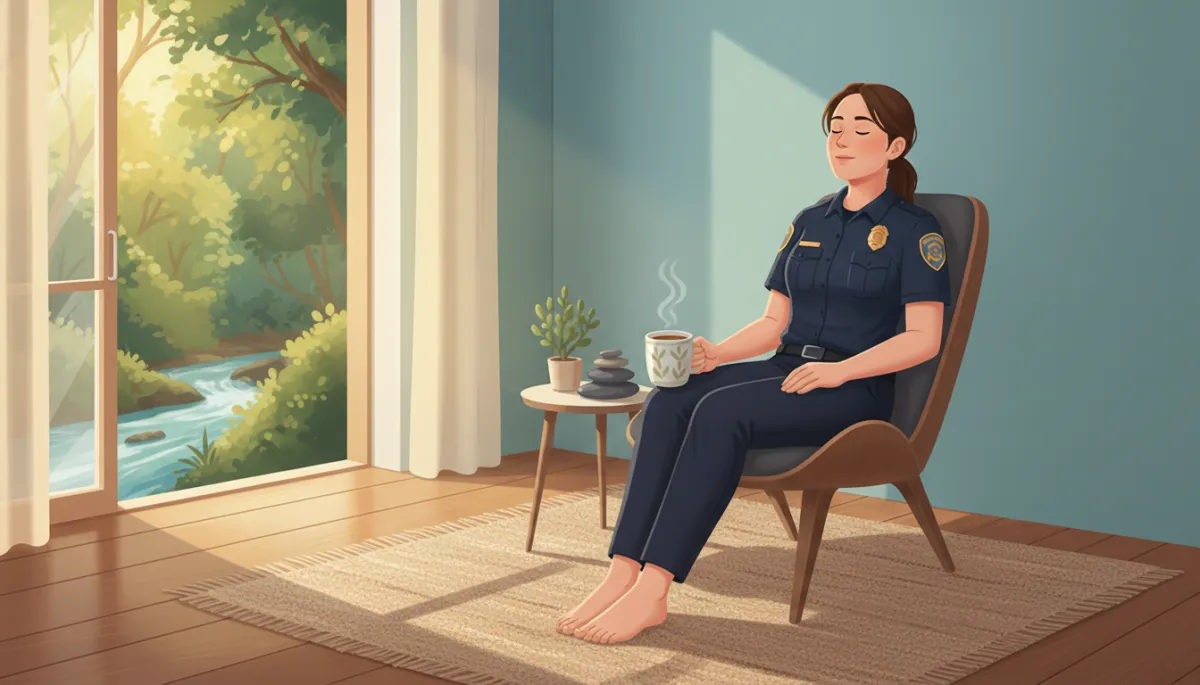 A calm, inviting scene showing a first responder practicing grounding techniques: sitting on a chair, feet flat on the floor, hands resting on knees, taking slow deep breaths. The environment is softly lit and includes subtle visual cues for grounding (like noticing textures, an open window with nature outside, or a cup of tea in hand). The mood is peaceful and focused on self-regulation. A calm, inviting scene showing a first responder practicing grounding techniques: sitting on a chair, feet flat on the floor, hands resting on knees, taking slow deep breaths. The environment is softly lit and includes subtle visual cues for grounding (like noticing textures, an open window with nature outside, or a cup of tea in hand). The mood is peaceful and focused on self-regulation.