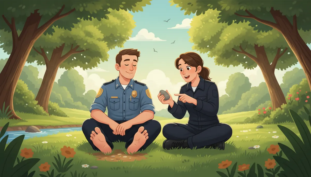 An uplifting illustration of a police officer and a firefighter in a peaceful park, both engaging in grounding techniques: one is barefoot on the grass focusing on the sensation under their feet, the other is holding and describing a small stone, both surrounded by gentle natural elements (trees, sunlight). The scene radiates calm and emphasizes practical grounding exercises. An uplifting illustration of a police officer and a firefighter in a peaceful park, both engaging in grounding techniques: one is barefoot on the grass focusing on the sensation under their feet, the other is holding and describing a small stone, both surrounded by gentle natural elements (trees, sunlight). The scene radiates calm and emphasizes practical grounding exercises.