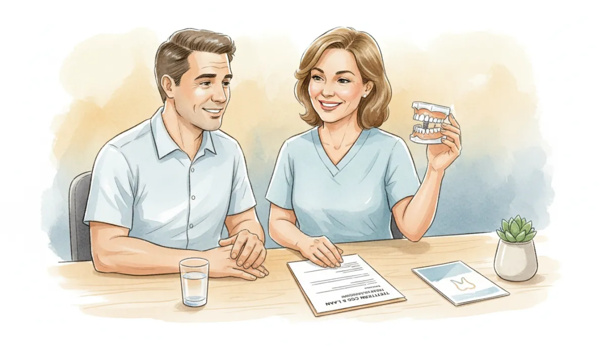 Dentist reviewing dental implant treatment plan and pricing with a patient Dentist reviewing dental implant treatment plan and pricing with a patient