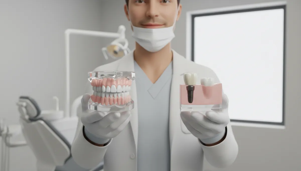 Dental models comparing a bridge and a single-tooth implant in a clinic