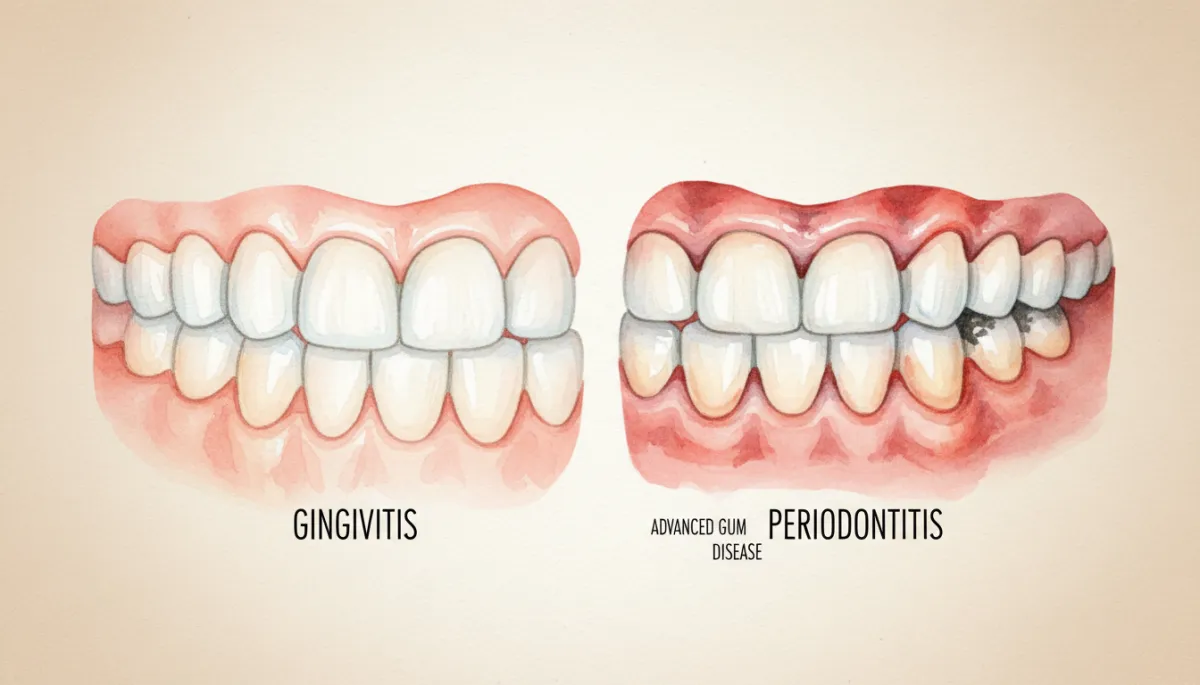 Comparison of healthy gums, gingivitis, and periodontitis around teeth