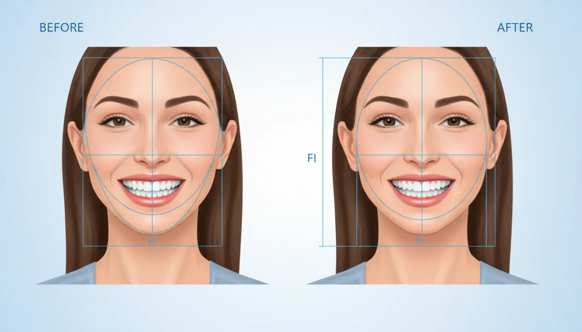 A side-by-side before and after image showing the impact of dental bonding and whitening. Overlay graphic elements highlight facial index (FI) lines and smile symmetry, visually demonstrating the enhancements in a clinical yet approachable style.
