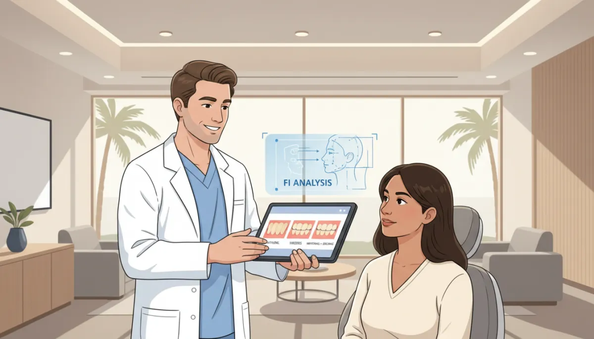 A modern, neutral-toned dental clinic in Miami with a friendly dentist consulting with a patient, showing digital overlays comparing veneers, whitening, and bonding options on a tablet. Soft natural light, calm and contemporary decor, with a clear visual 'overlay' graphic highlighting the FI (facial index) analysis process.