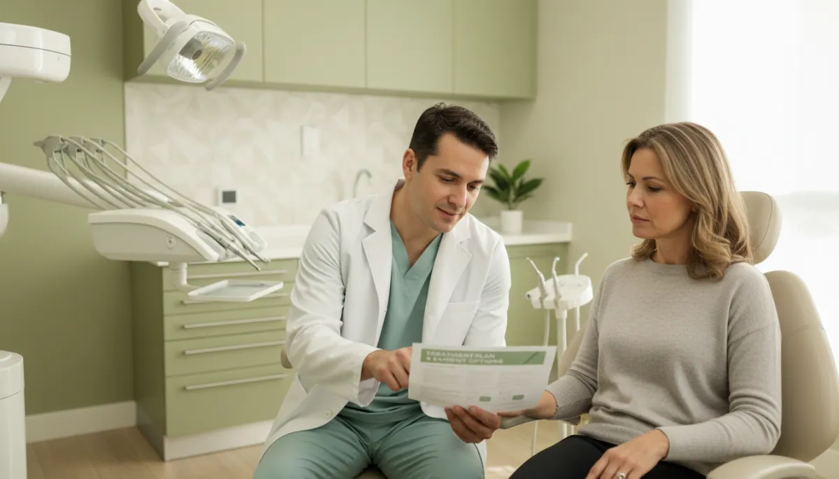 Dentista explicando plan de tratamiento y opciones de pago a un paciente Dentista explicando plan de tratamiento y opciones de pago a un paciente