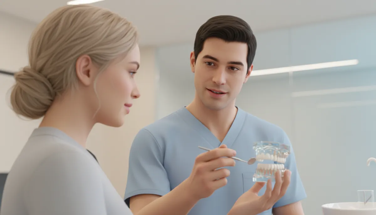 Dentist explaining natural tooth preservation and replacement options to a patient Dentist explaining natural tooth preservation and replacement options to a patient