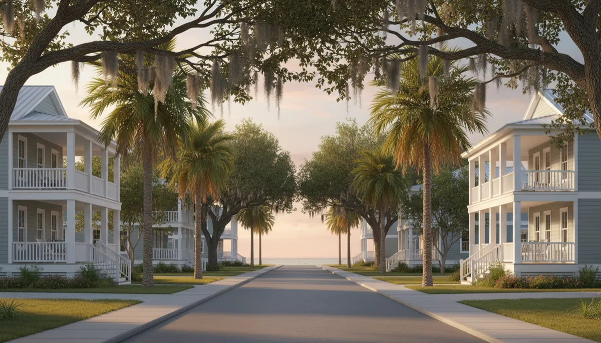 Residential neighborhood with raised coastal homes on Ocean Isle Beach Residential neighborhood with raised coastal homes on Ocean Isle Beach