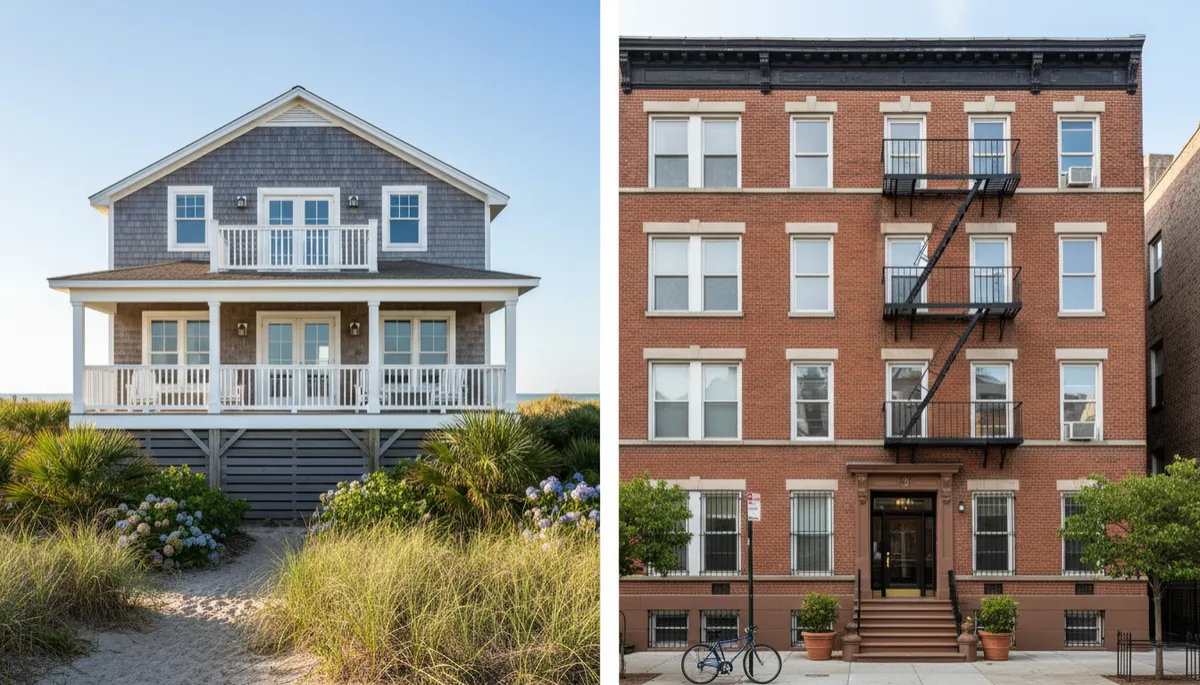 A 100% realistic, high-resolution side-by-side photo comparison: on the left, a real beach cottage in Ocean Isle Beach, NC, with authentic coastal details and landscaping; on the right, a real mid-rise apartment building typical of a Northeast city (e.g., Brooklyn, Boston, or Hoboken), photographed in natural light. Both images should be unedited and clearly real.