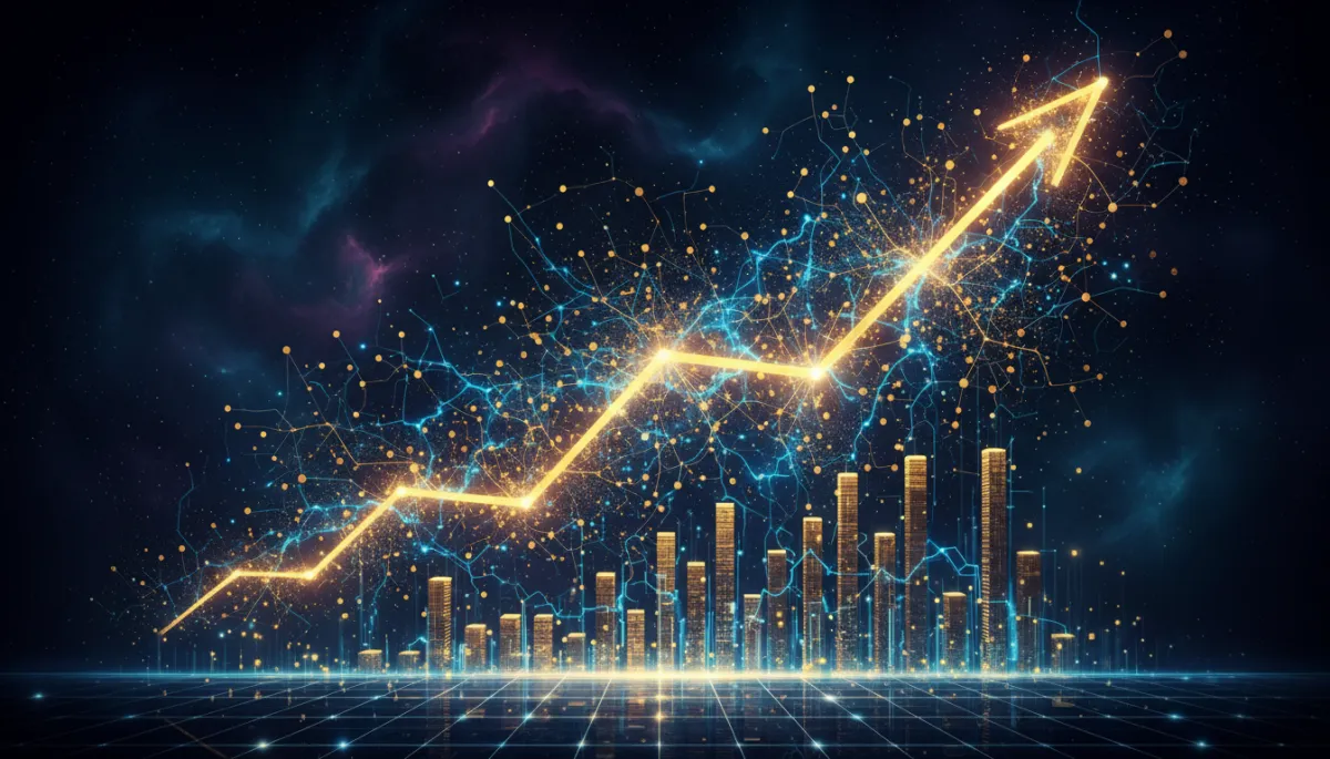 Abstract digital tech illustration of rapid growth represented by glowing data lines and rising pillars