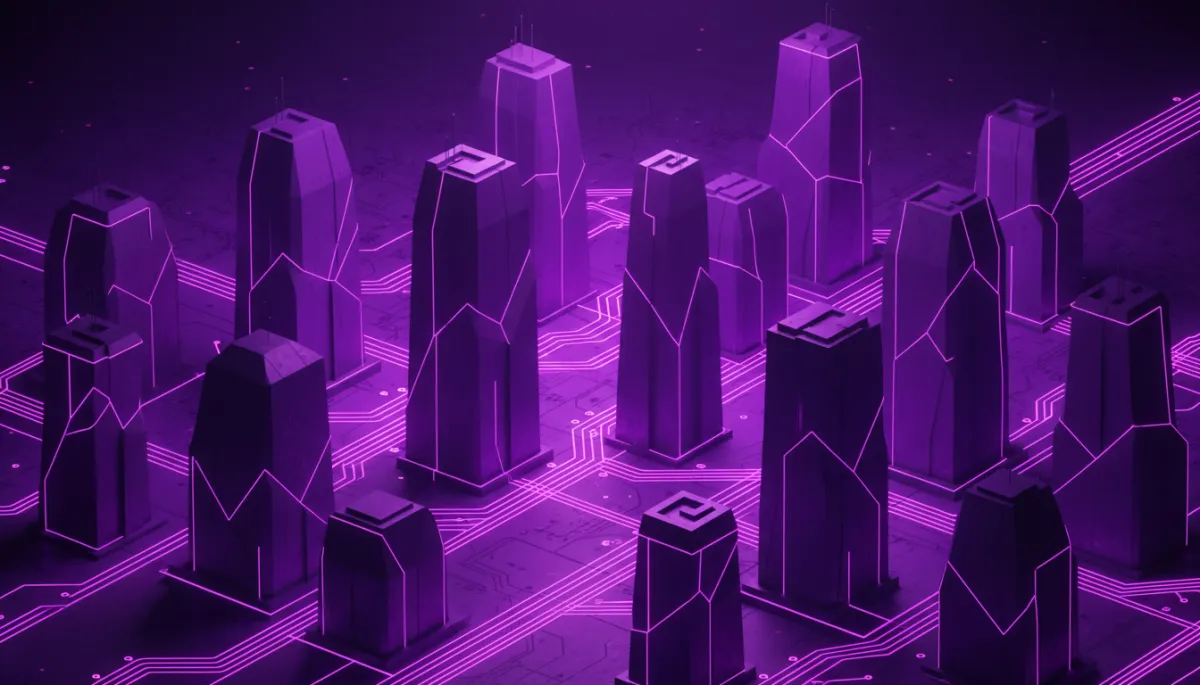 Neon purple circuit city representing interconnected AI agents running a business