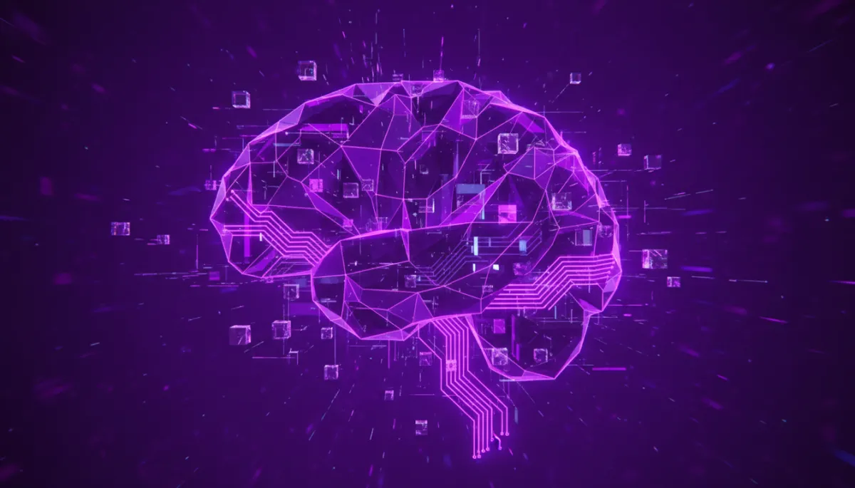 Abstract neon purple circuit dashboard symbolizing an AI marketing system